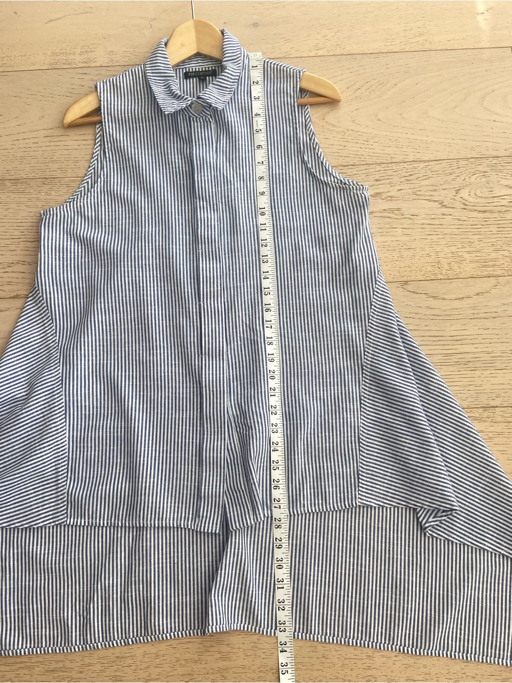 FOR CYNTHIA Linen Cotton Striped Shirt Medium Blue White Fishtail Hem Button Up - Picture 8 of 8